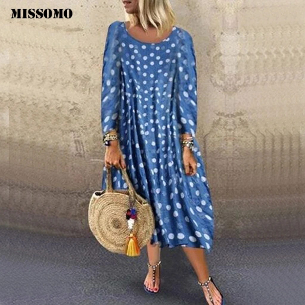 

MISSOMO Long maxi dress women dresses Casual O-Collar Dot Long Sleeve Dresses Loose Vintage Holiday Vestidos Beach Party Dress