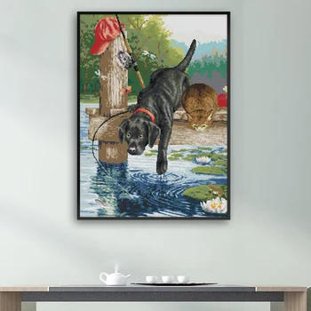 

Gift Canvas Cloth DIY Art Counted Embroidery Home Decor Dog Fishing Crafts Needlework Needles Thread Cross Stitch Kit Beginners