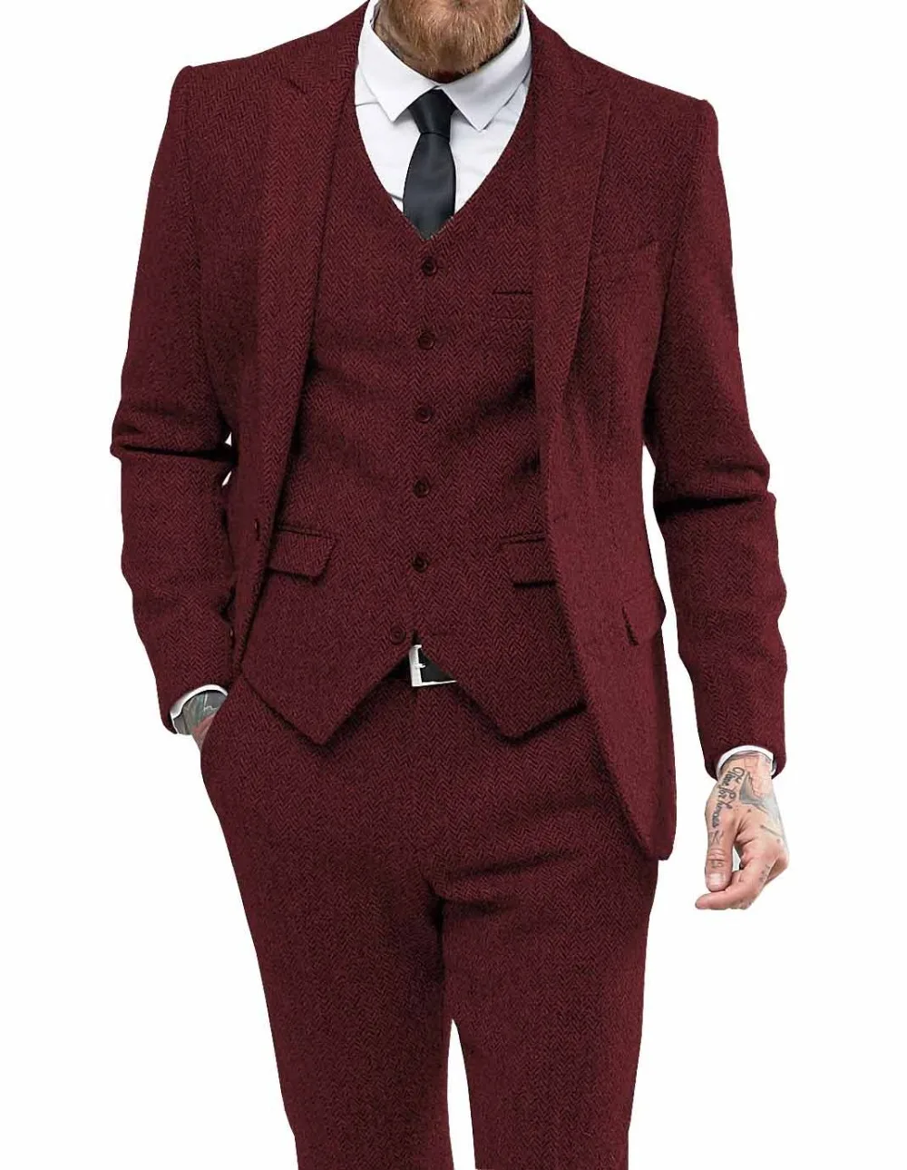 as the image Мужской костюм casual Bon, повседневный деловой костюм из трех предметов, мужские смокинги с лацканами серого, белого, бордового цвета для свадьбы, блейзер+ брюки+ жилет - Цвет: as the image