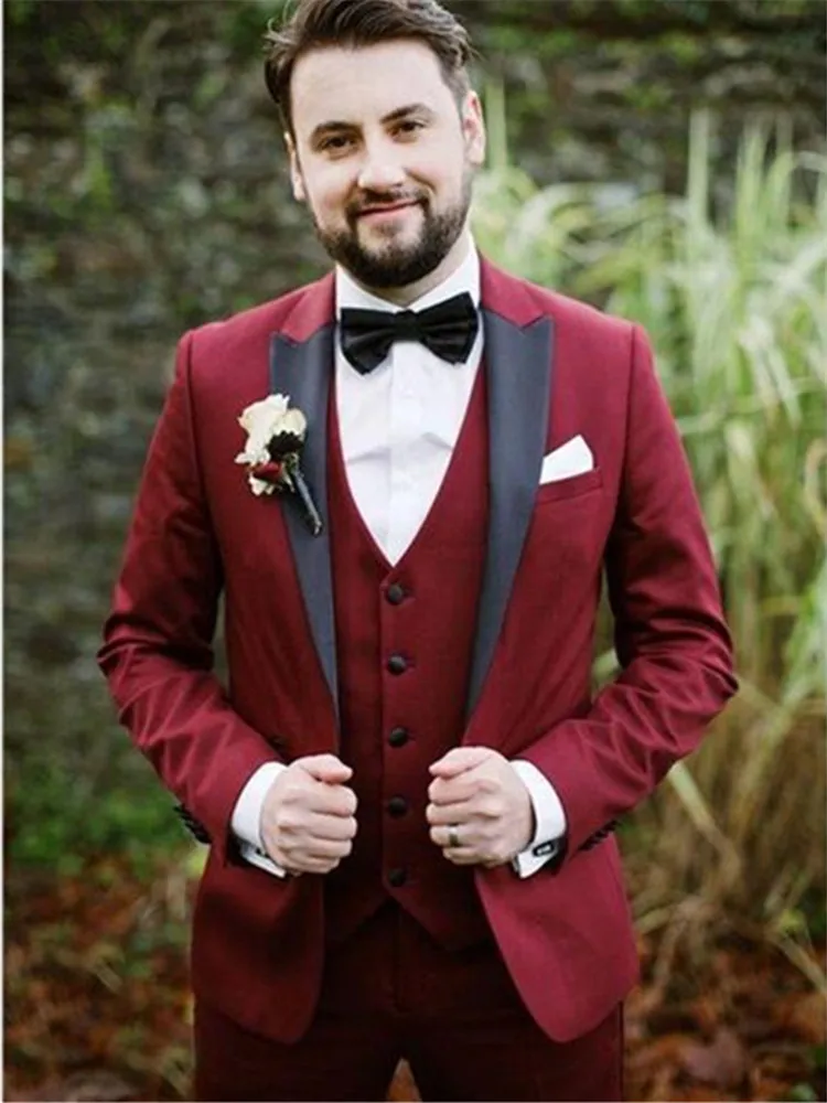 New Classic Men’s Suit Smolking Noivo Terno Slim Fit Easculino Evening Suits For Men Burgundy Lapel Groom Tuxedos For Wedding Pr