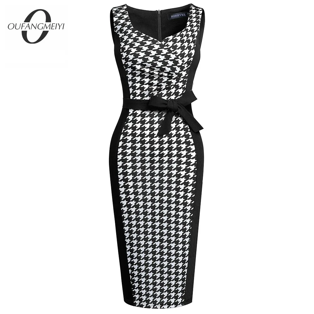 

Women Modern Elegant Sleeveless Square Collar Houndstooth Patchwork Bow Bodycon Pencil Dress EB657