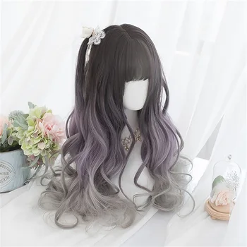 

Cosplaysalon Lolita 64CM Long Curly Black Mixed Gray Purple Ombre Fringe Bangs Cute Party Synthetic Hair Cosplay Wig