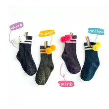 Детские однотонные носки с металлическим люрексом и помпонами; зимние блестящие носки в полоску для мальчиков и девочек; детские короткие носки; 4 пары в партии