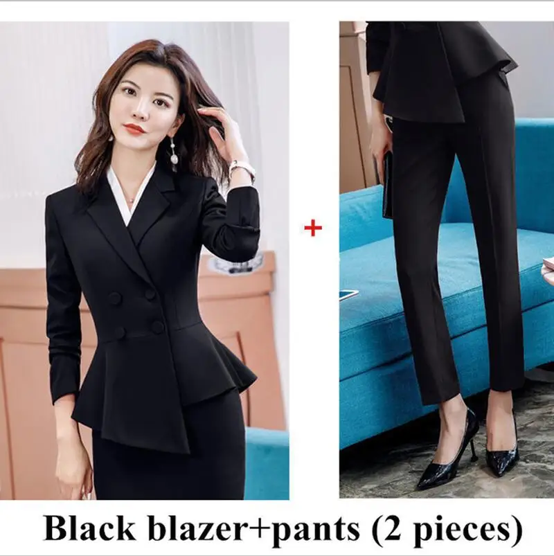 Black blazer pants Женский красный Блейзер, тонкий, весна-осень, элегантный женский офисный жакет, офисный костюм с рюшами, двубортный Блейзер, однотонный - Цвет: Black blazer pants