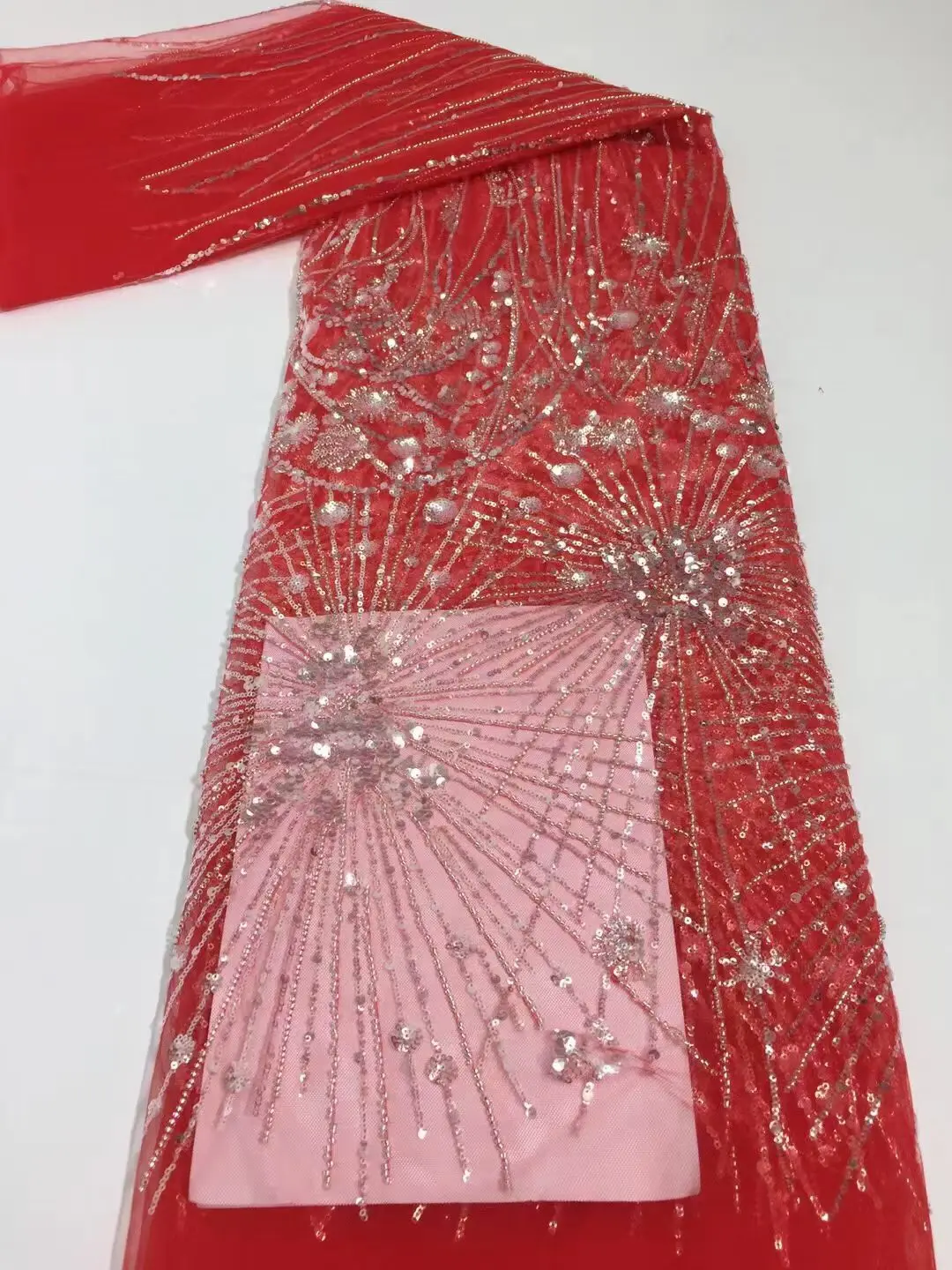 

High Quality Nigerian Tulle Lace Fabrics Latest Beaded sequins ZH-488885 Mesh African Lace Fabric Bride French Net Lace Fabric