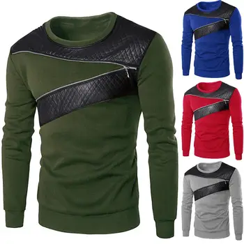 

2020 New Casual Men Sweatshirt Long Sleeve O Neck Faux Leather Color Block Stitching Sweatshirt Fashion Comfortable