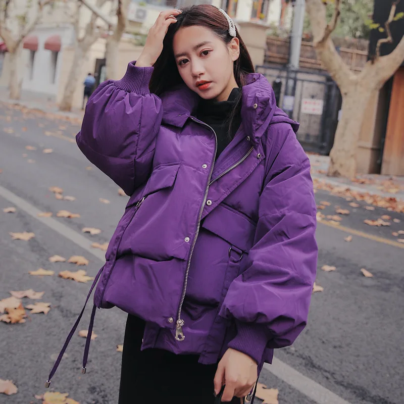 Lantern Sleeve Cotton Coat Women's Autumn And Winter New Style Korean-style Solid Color Hooded down Coat Loose-Fit Students
