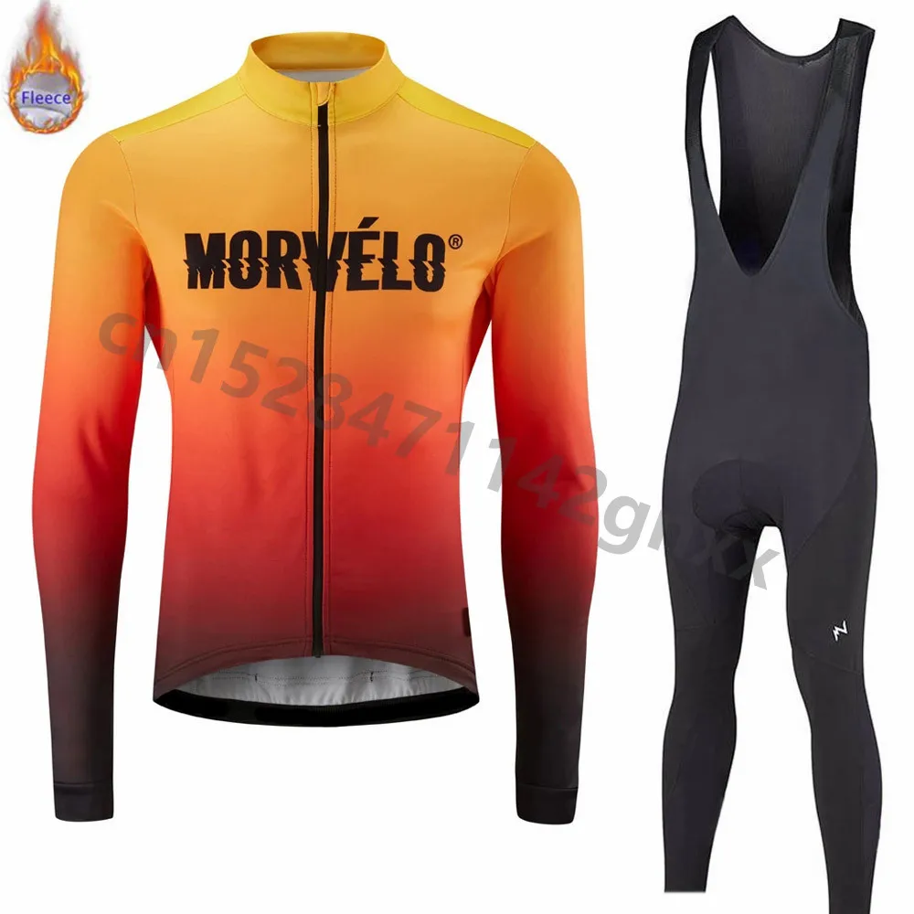 Morvelo мужской черный зимний комплект с длинными рукавами тепловой флис гонки на велосипедах велосипедные Джерси мужской Pro комплект женских купальных костюмов Ropa Ciclismo Hombre
