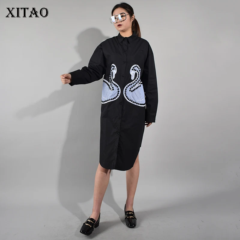 

[XITAO] 2018 Autumn Europe Fashion Women Button Decoration Cartoon Pattern Dress Female Full Sleeve Knee-Length Dress XWW3614