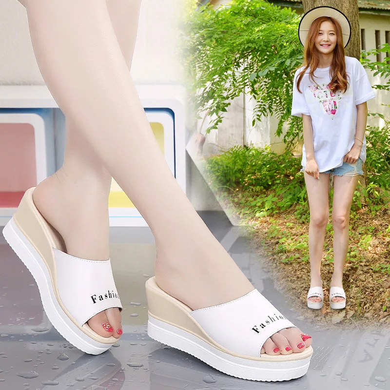 

Slipper Genuine Leather WOMEN'S Slippers Waterproof Platform Slanted Heel A- line Sandals