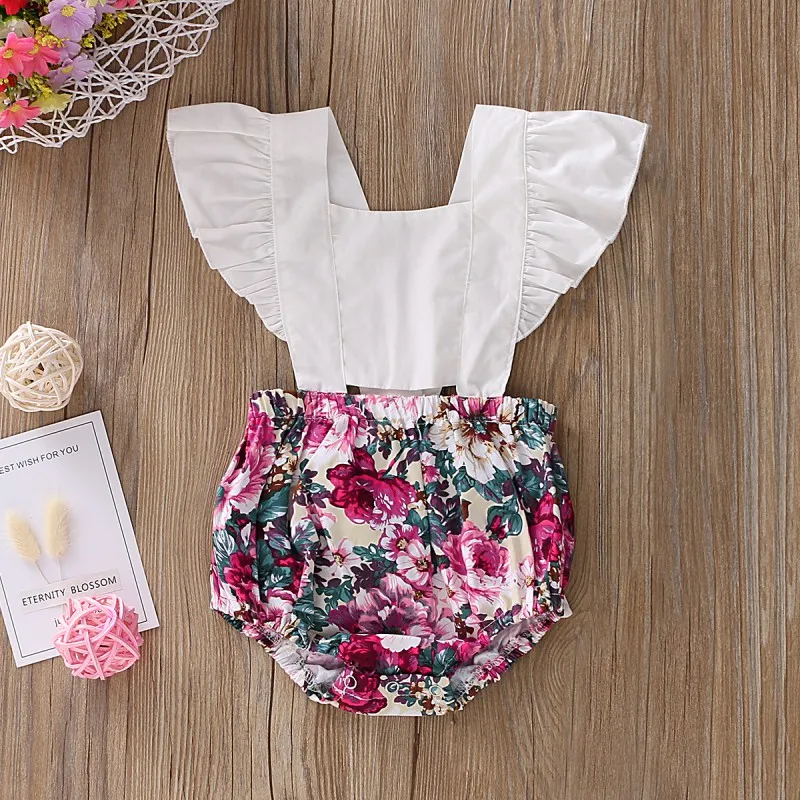 

Newborn Infant Baby Girls Bodysuits Floral Print Flare Sleeve Patchwork Design Bodysuits Children Kids Jumpsuit