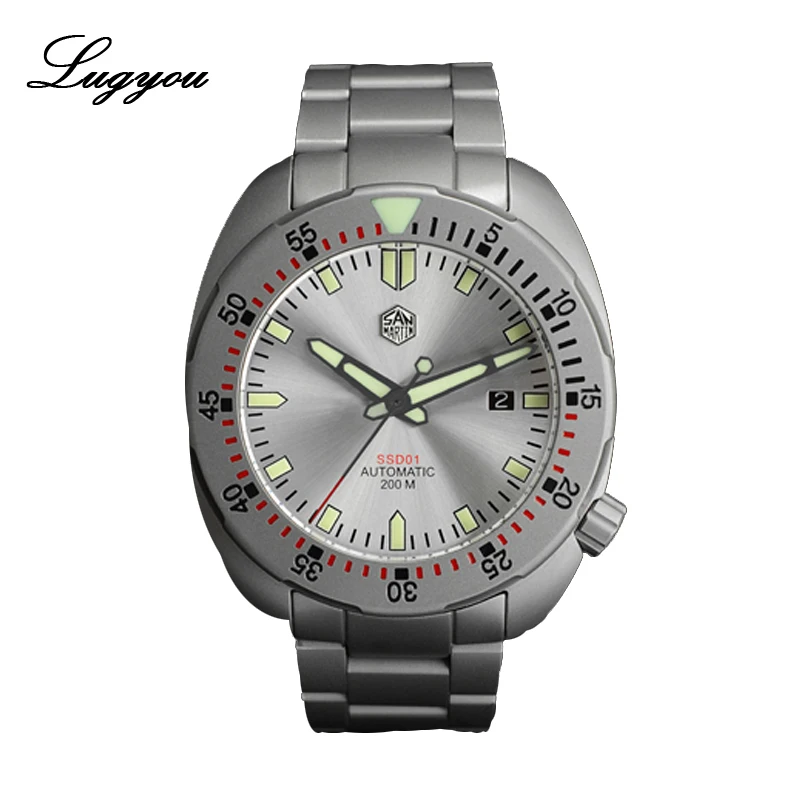 Lugyou San Martin Diver Мужские часы механические из нержавеющей стали Пескоструйный сапфир 20 АТМ водостойкий металлический браслет - Цвет: Silver White SW