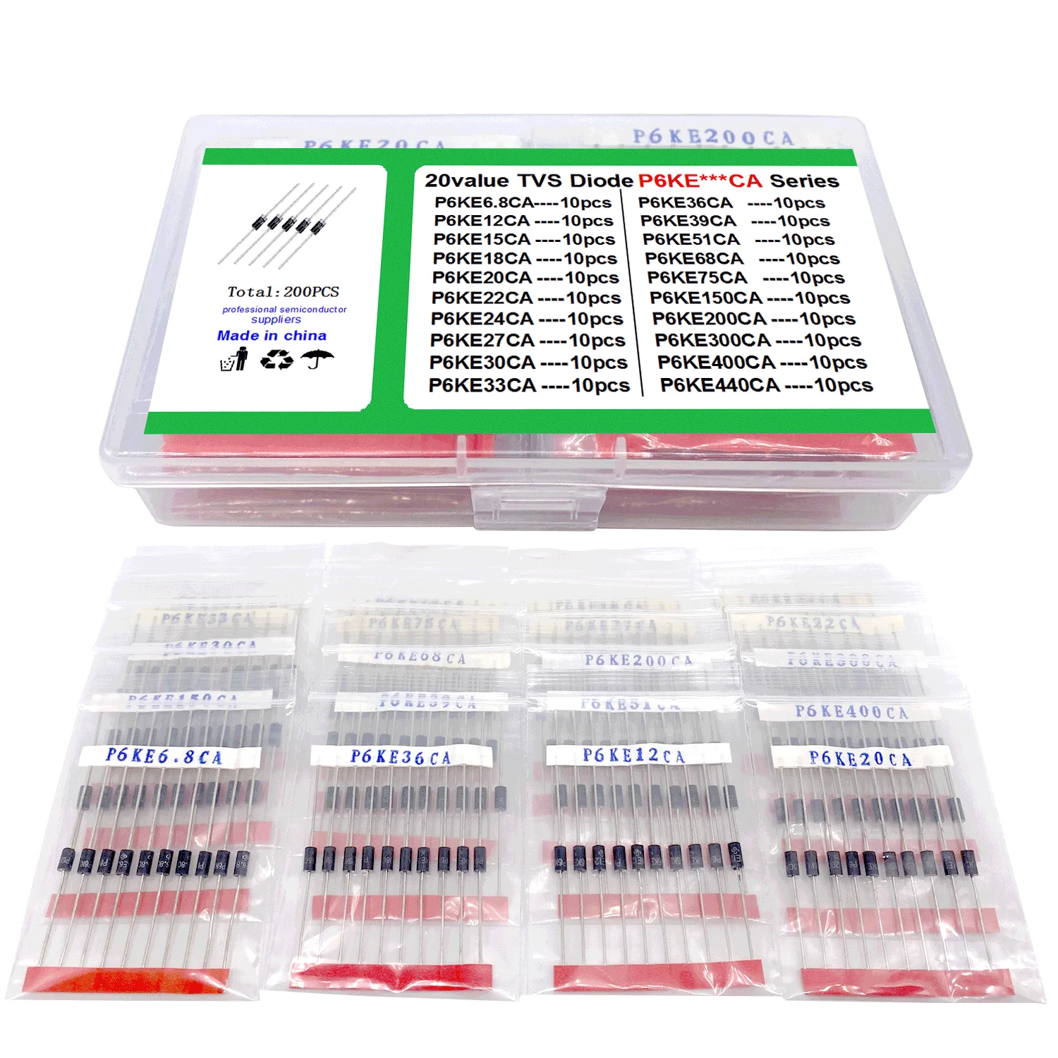 20 Valori * 10 Pz = 200 Pz Kit Transistor Tvs P6Ke6.8A/Ca 12/15/18/20/22/24/27/30/33/36/39/51/68/75/150/200/300/400/440/A/Ca Diodo