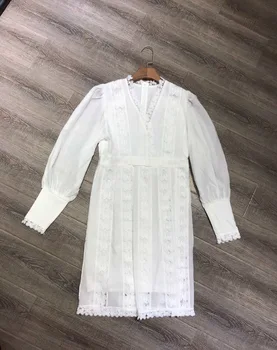 

2019 New Elegant Sexy V- Collar Openwork Long Sleeve Lace Translucent Dress 2 Color Free Shipping Worldwide