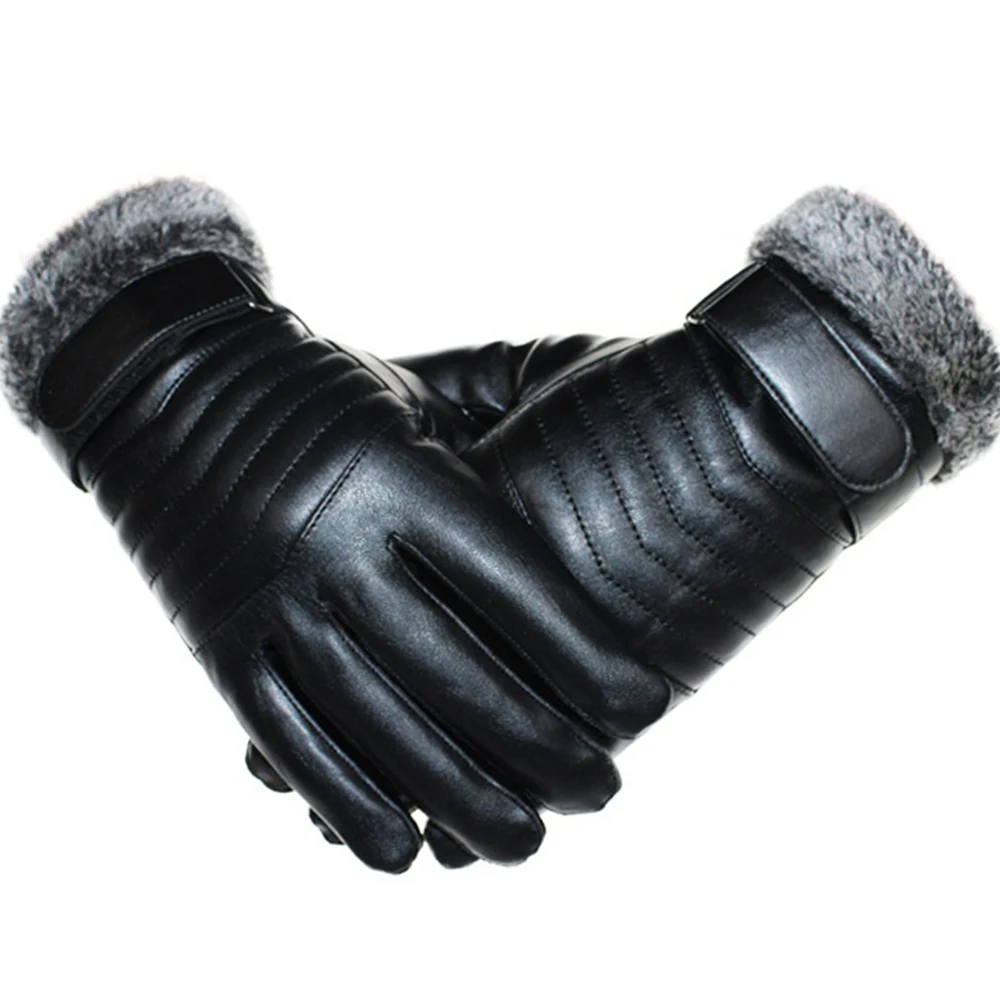 

2020 Winter Warm Plus Velvet Thick PU Touch Screen Leather Plus Cotton Gloves Driving Windproof Waterproof Unisex Snow Gloves
