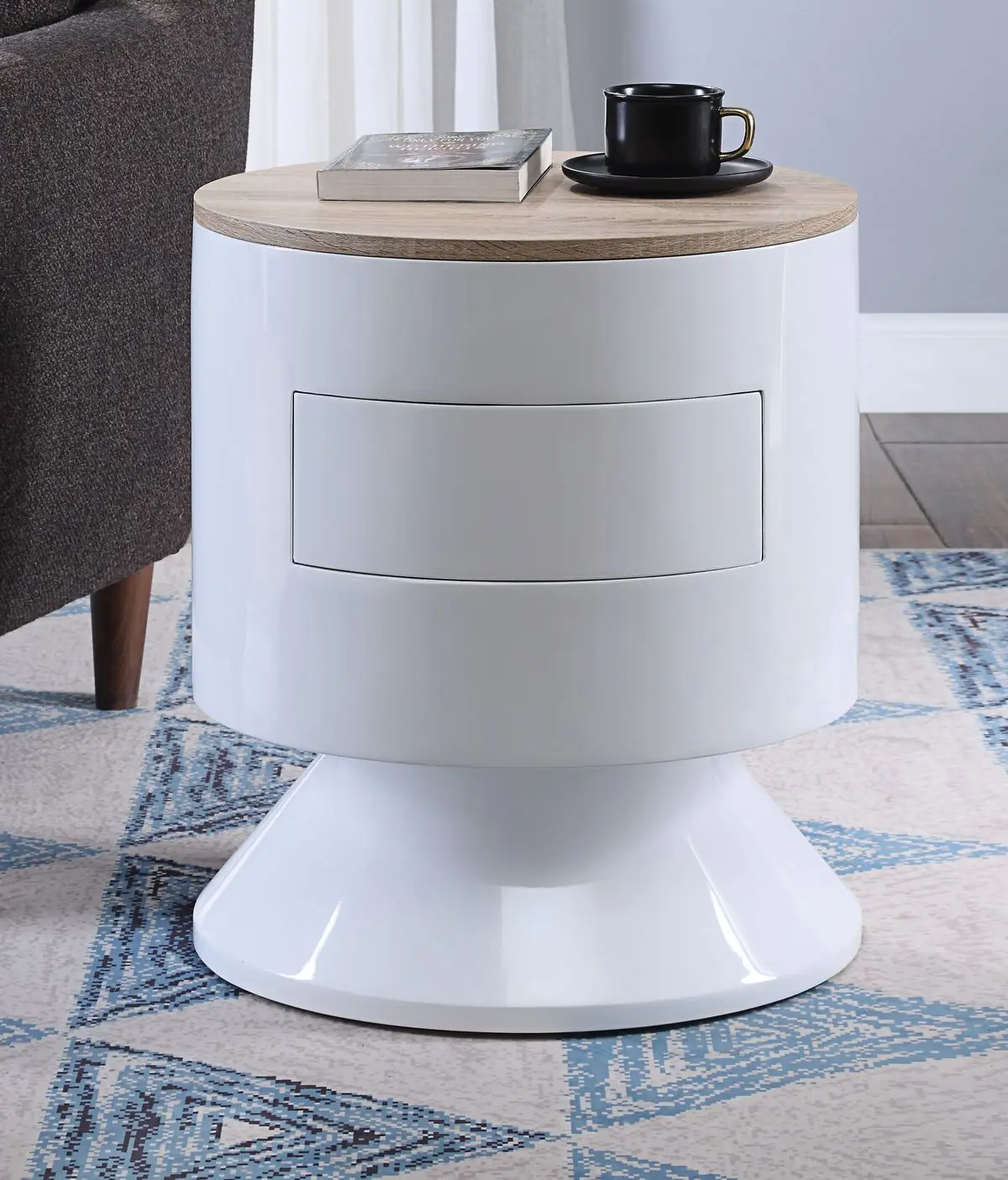

Otith Night Table Round High Gloss White Nightstand Bedside Table [US-Stock]