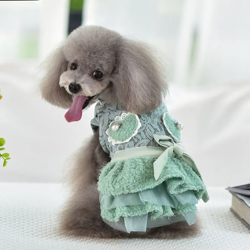 Платье для собак; платье принцессы с рисунком кота; юбка для щенка с бантом и карманами; сезон осень-зима; 3 цвета - Цвет: Green