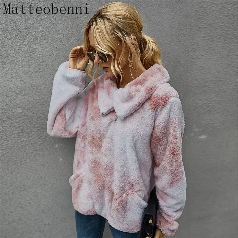 Худи с принтом Tie Dye плюшевая женская зимняя теплая Толстовка длинным рукавом