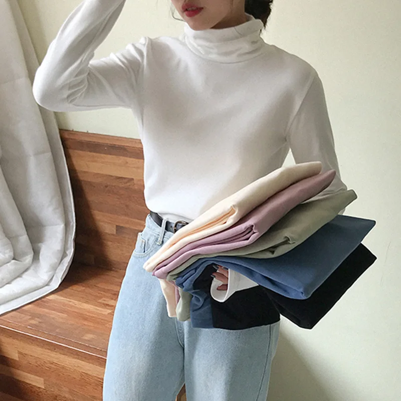 

6 Colors Turtleneck t-shirts Women 2019 Autumn Tops Korean Solid Slim Long Sleeve Elastic Tee Shirt Basis Casual Shirts W160