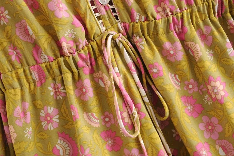 Винтажное шикарное модное женское желтое Цветочное платье с v-образным вырезом, кружевное пляжное длинное богемное платье, женская одежда из вискозы, летнее платье миди в стиле бохо с кисточками