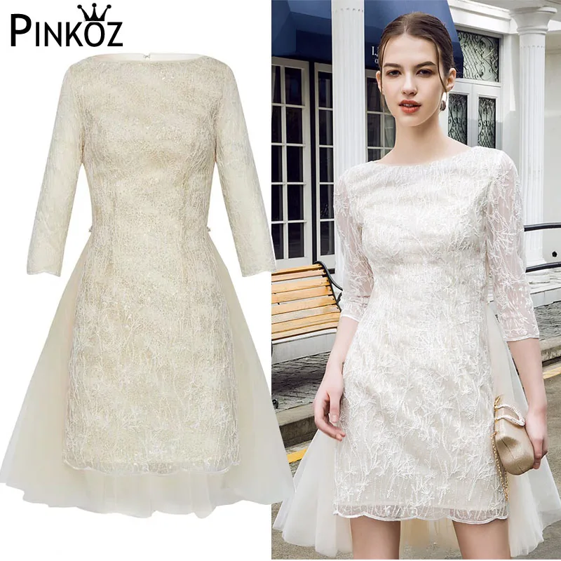 Pinkoz Высокое качество белые короткие вечерние платья vestido Половина рукава o-образным вырезом сетки лоскутное асимметричные вечерние элегантные платья - Цвет: Бежевый