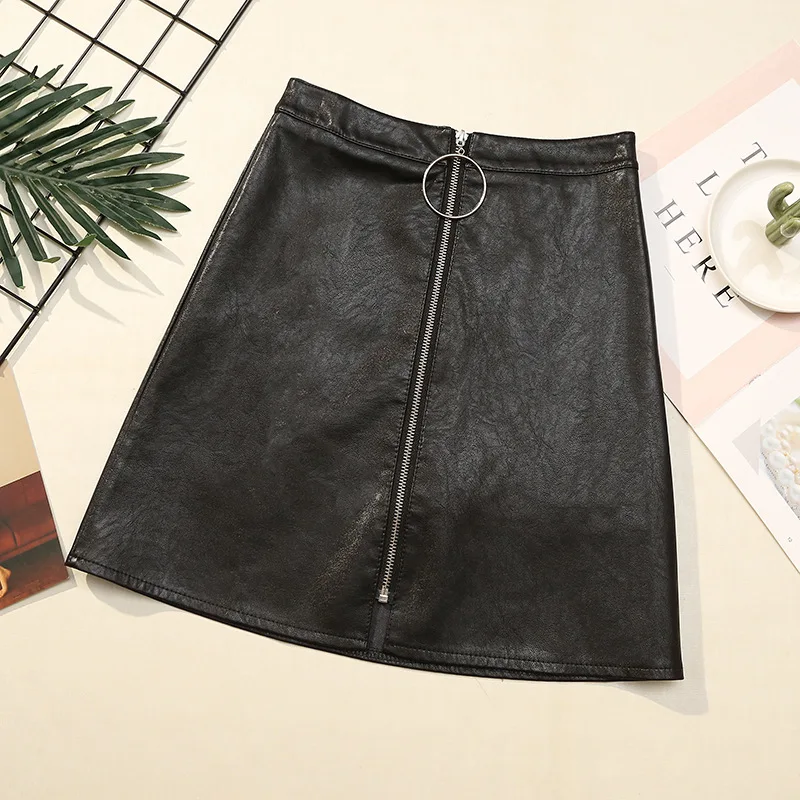 

[Attachment] Ring Zipper A- line Skirt Korean-style New Style Versatile Fashion PU Leather Skirt Anti-Exposure Short Skirt 2173
