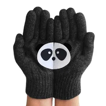 

Women Winter Warm Knit Full Finger Gloves Kawaii Cartoon Panda Irregular Mittens