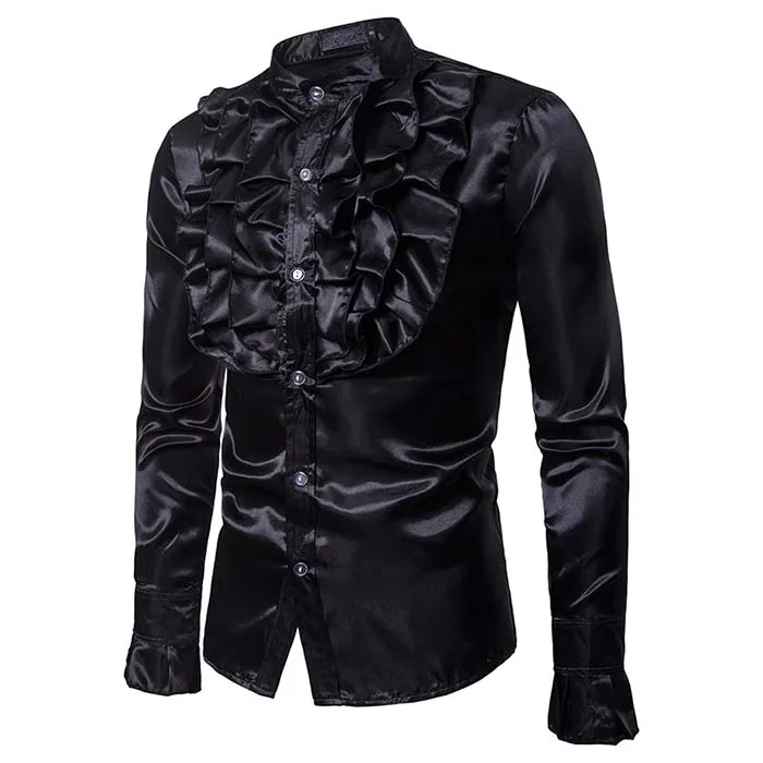 Vintage Frill Ruffle Dress Shirt For Men Vicotorian Costume Top Gothic Punk Retro Tee wedding party Shirt Halloween Clothes Man - Цвет: Black