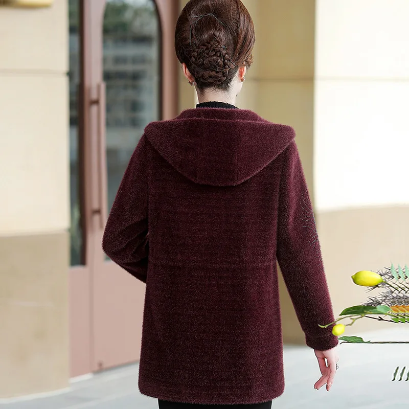 9267 Hooded Faux Mink Cashmere Thick Coat