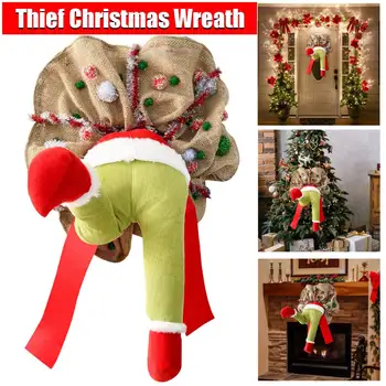 

12/14/16inch Christmas Jolly Wreath Thief Stole Christmas Burlap Door Garland Plush Legs Indoor Home Decoration Party Accessory