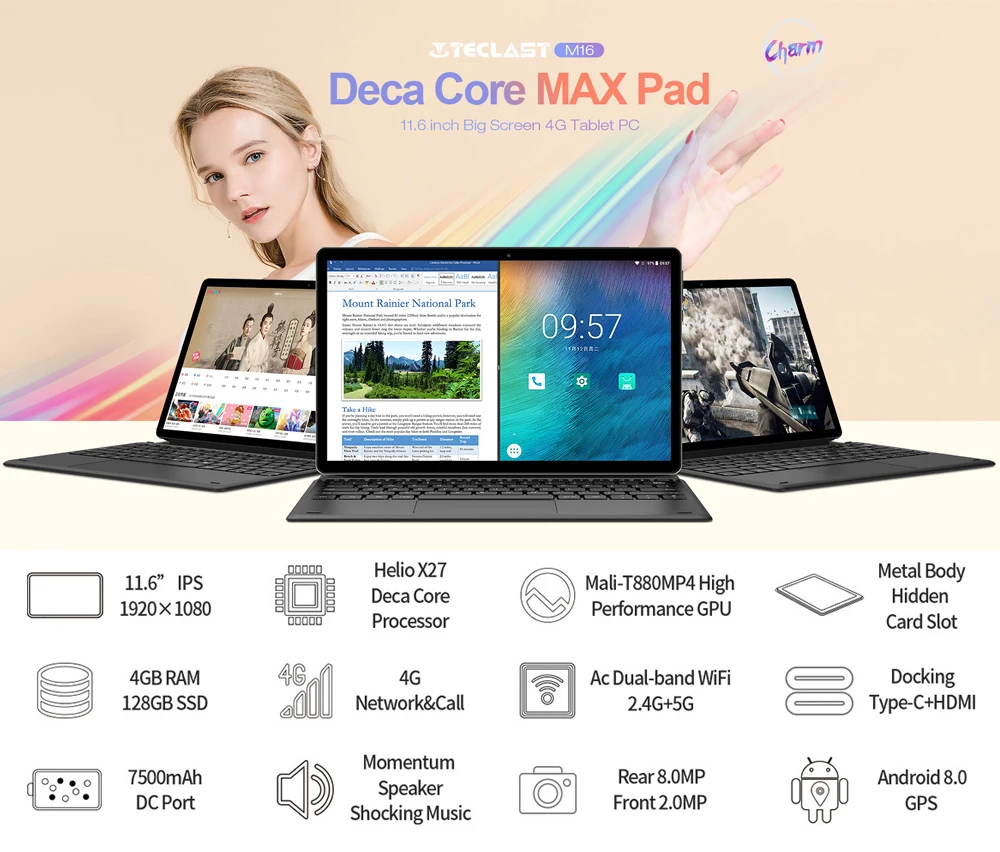 Teclast M16 11,6 дюймов Android планшет Helio X27 Deca Core 4 Гб ОЗУ 128 Гб ПЗУ 4G сетевые планшеты PC 8,0 МП док-станция type-C HDMI 7500 мАч