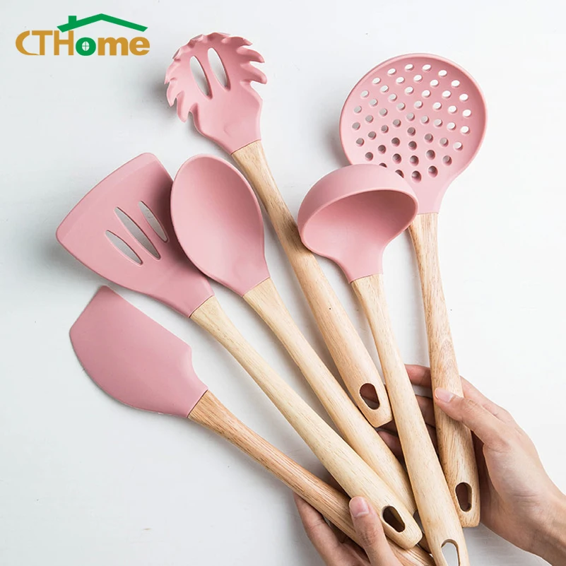 CTHome силиконовая кухонная утварь деревянная ручка антипригарная лопатка ложка Тернер суп половник венчик кухонные инструменты для приготовления пищи гаджет
