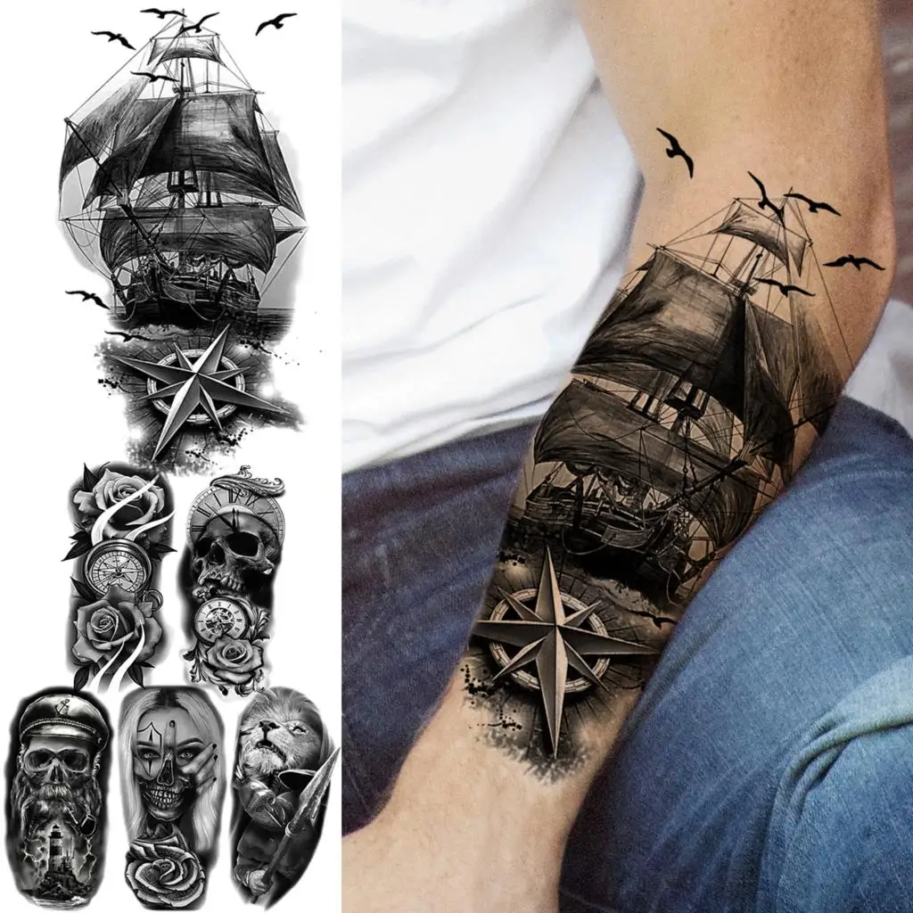 Tatouage Bateau Pirate Avant Bras Tatouage Temporaire Avec Ancre De Bateau De Pirate Pour Homme Et Femme,  Adulte, Fleur De Rose, Crâne De Pirate, Faux Tatouage, Grand, Art Corporel  - Tatouages Éphémères - AliExpress