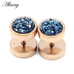 Stainless Steel Punk Double-Sided Crystal Barbell Ear Studs (Rose Gold Dark Blue)