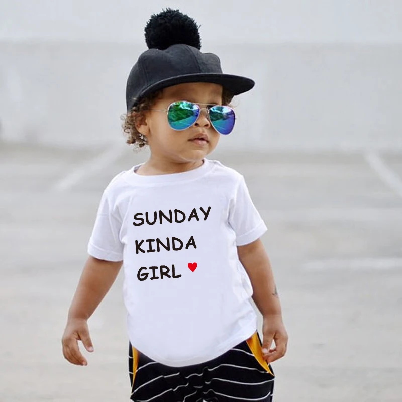 

Sunday Kinda Girl Letters Kids Tshirt Summer Short Sleeves Round Neck Tops Girls Fashion Shirt Children Loose Tee Shirt