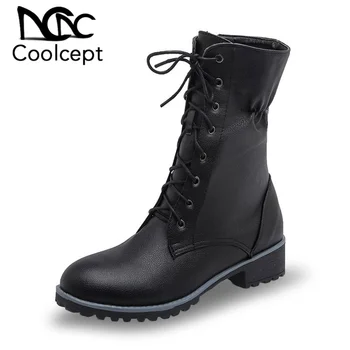 

Coolcept 2020 New Women Ankle Boots Round Toe Solid Color Leisure Shoes Zipper Cross Strap Winter Warm Woman Shoes Size 33-43