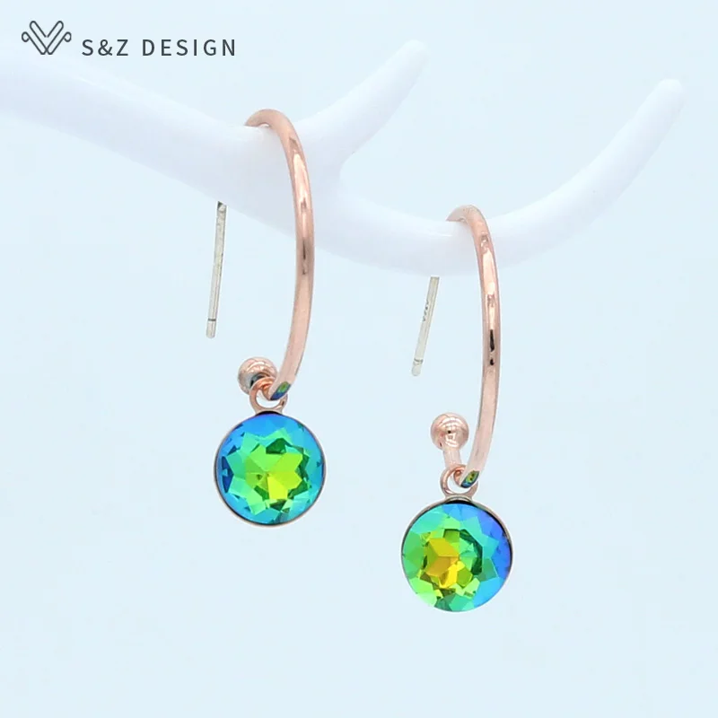 S&Z DESIGN New Fashion 585 Rose Gold Color Round Crystal Dangle Earrings For Women Wedding Party Jewelry