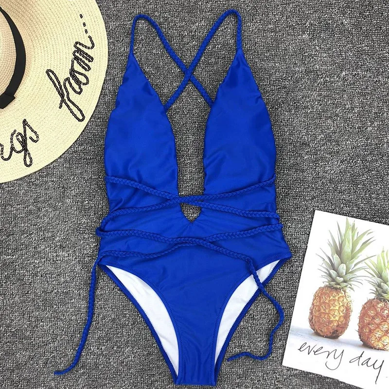 New Deep V-neck Swimwear Women One Piece Swimsuit Female Solid Beachwear Bandage Brazilian Bather Bathing Suit Swim Wear
