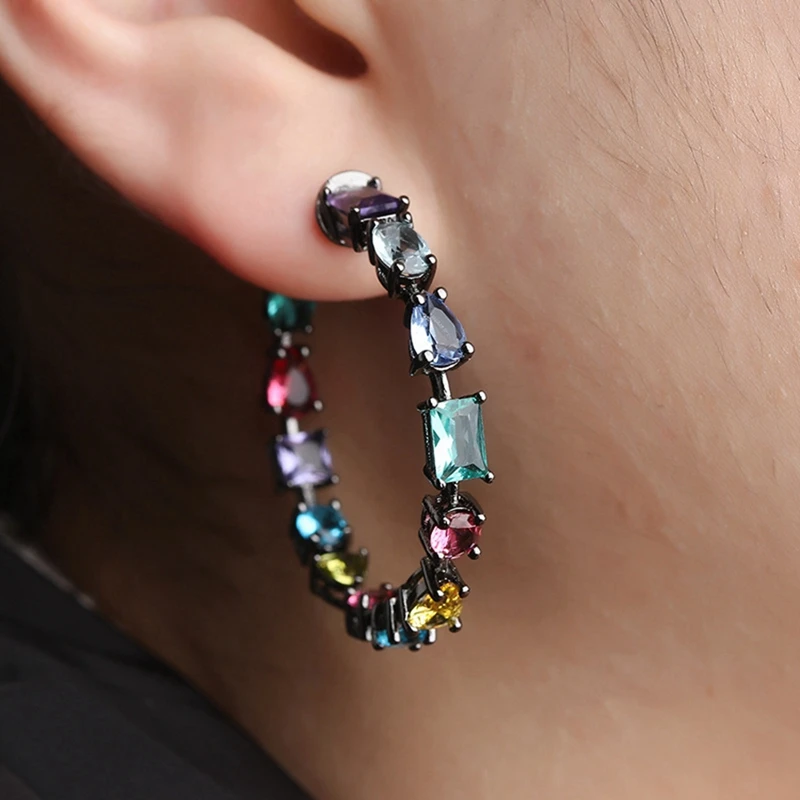25 Different Styles Fashion Black Gold Hoops Huge Luxury Wedding Earings Zircon Big Hoop Earrings for Women Multi-Color Crystal