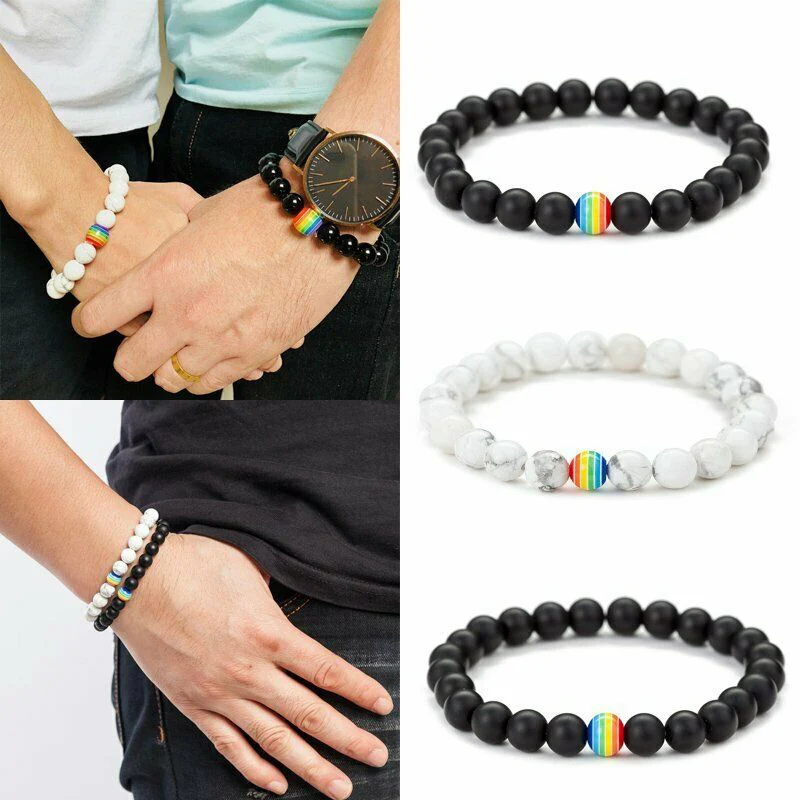 Nature Stone Bracelets Men's Jewelry Fashion Beaded Rainbow Bracelet Pride Gay Peace Men Gift Couple 8MM Charm | Украшения и