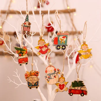 

6PCS Cute Christmas Painted Wooden Pendant DIY Angel/Snowman/Car Craft Xmas Tree Hanging Ornament Kids Gift Party Decorations
