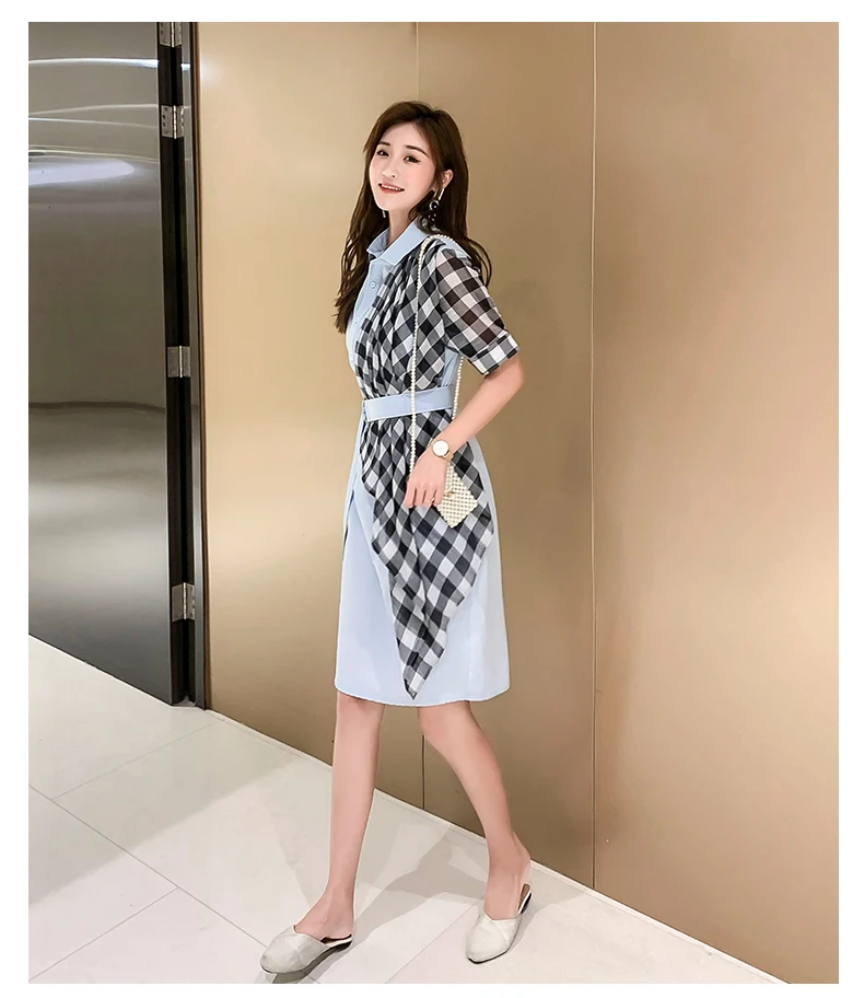 HAMALIEL High Street Лето Хит цвет рубашка платье Модные женские белые красные Лоскутные плед отложной воротник ofce OL ремень платье