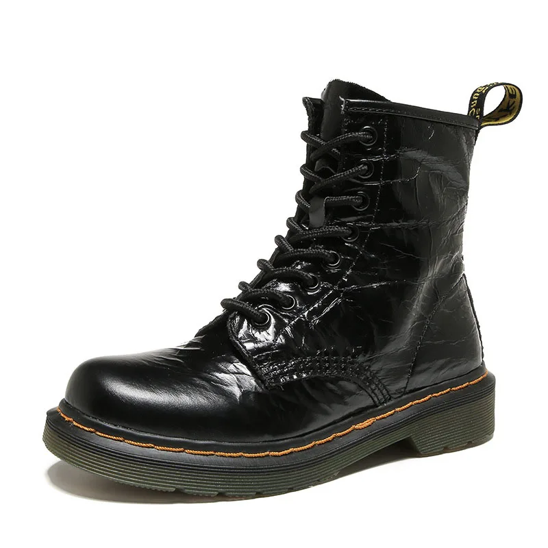 

Women Boots Genuine Leather Ankle Boots Black England Martens Boots Women Thick Heel Platform Warm Motorcycle Winter Shoes 2019