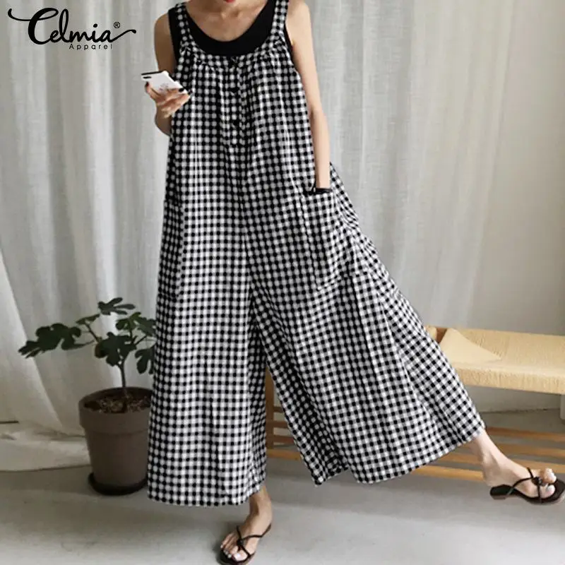 

Women Plaid Rompers Casual Loose Pockets Jumpsuits 2019 Celmia Ladies Sleeveless Straps Playsuits Plus Size Wide Leg Pants S-5XL