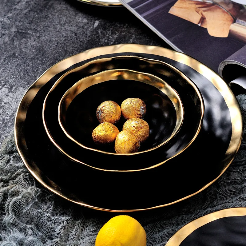 European-Style-Gold-Side-Black-Plate-Retro-Tableware-Matte-Steak-Dish-Dessert-Tray-Kitcher-Plates