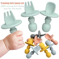Food Grade Infant Mini Silicone Tableware Set Baby Soft Kitchen Accession Fork Spoon Kids Portable  Soild Color TeaSpoon 2