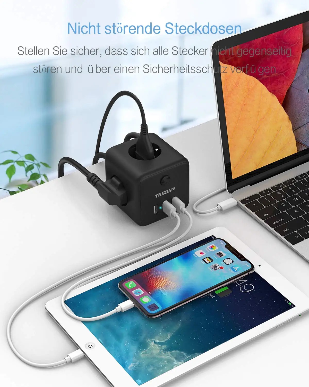 Had0b7af948914af3b892f7e8d2296406C TESSAN Black Cube USB Socket Power Strip with Switch, 3-Way Outlets (2500W / 10A) and 3 USB Ports, 1.5M Cable for Home, Office