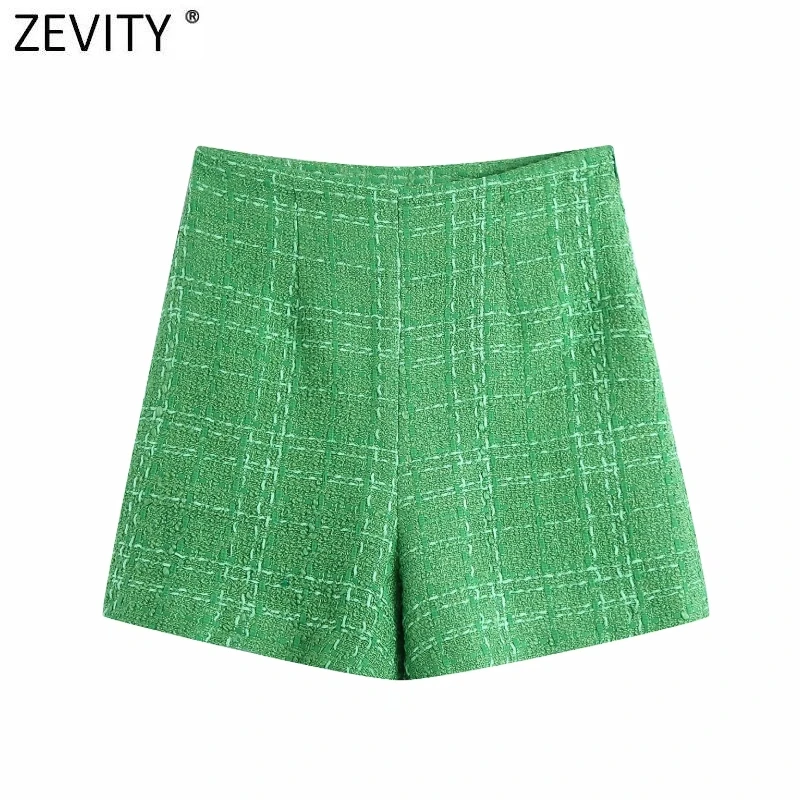 Zevity New Women Fashion Green Color Tweed Woolen Bermuda Shorts Skirts Lady Side Zipper Chic Casual Slim Pantalone Cortos P1024