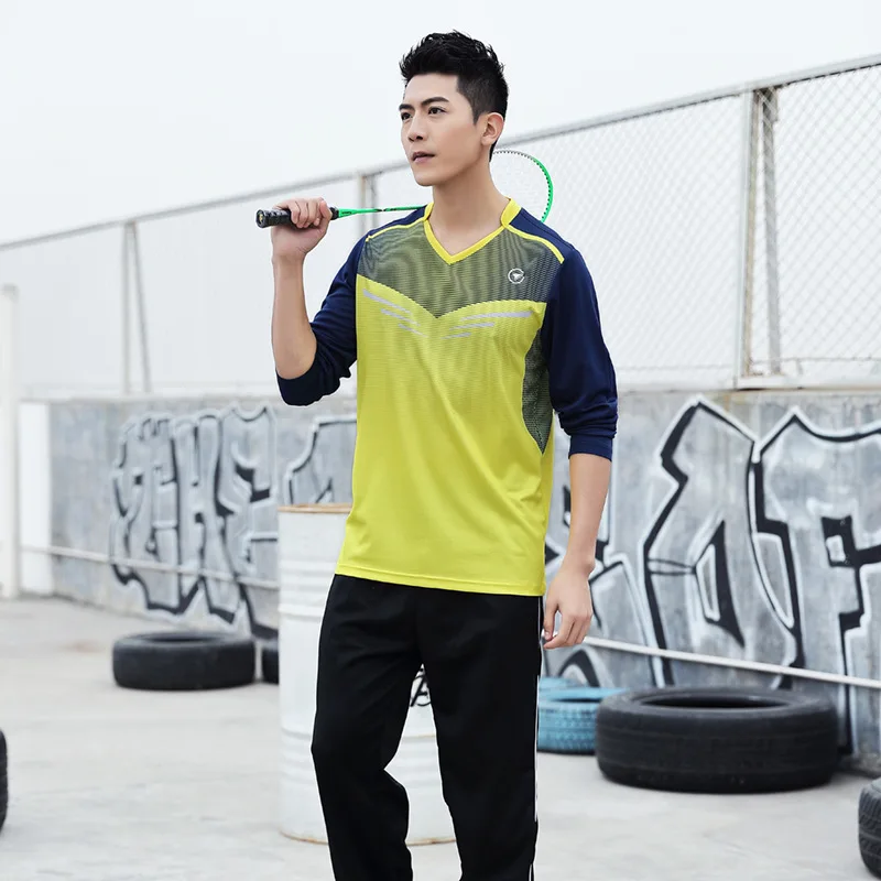 Men yellow shirt Футболка с длинными рукавами для бадминтона для мужчин и женщин, быстросохнущая теннисная рубашка и штаны, спортивная одежда для бега, тренировочная форма для матча - Цвет: Men yellow shirt