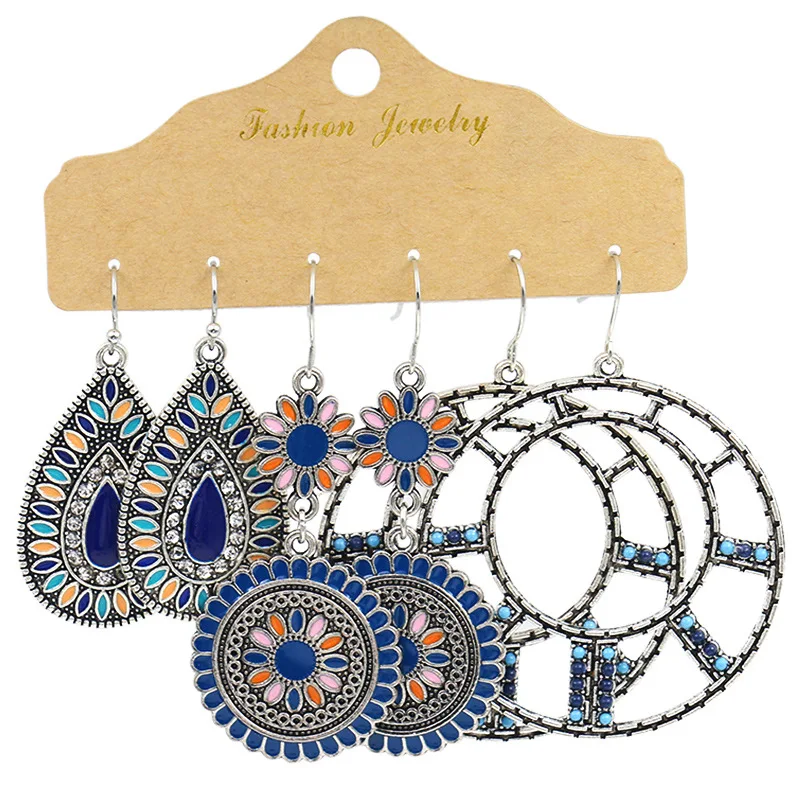 Boho Multicolor Drop Earrings set for Women Wedding Vintage Geometry Big Round Hollow Flower Crystal Hanging Earrings Jewelry drop earrings dangle earrings crystal earrings flower earrings geometric earrings